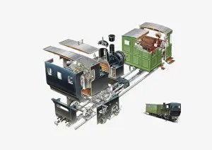Inset Prints: Cross section illustration of Rack Rail locomotive and passenger carriage, and inset