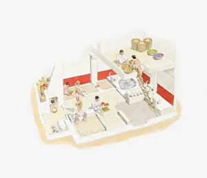 Cross section illustration of recreation of neolithic town from the excavations carried out at Catal Huyuk