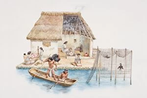 Cross-section illustration of riverside Aztec dwelling with thatched roof, woman inside sitting attending to fire