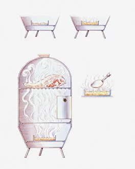 Cross section illustration showing the process of smoking meat in metal smoking oven