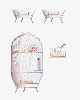Spoon Prints: Cross section illustration showing the process of smoking meat in metal smoking oven