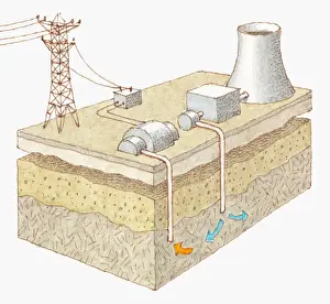 Pylon Prints: Cross section illustration showing sustainable energy by geothermal power