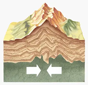 Moving Up Prints: Cross section illustration showing tectonic plates colliding and pushing up to form mountains