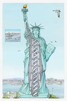 Cross Section Prints: Cross section illustration of the statue of liberty which is hollow inside with spiral stairway leading to the crown