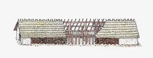 Thatched Roof Prints: Cross section illustration of timber longhouse with thatched roof