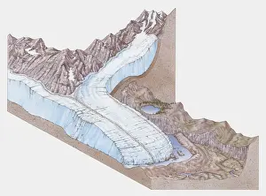 Ink And Brush Prints: Cross section illustration of valley glacier in mountains