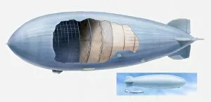 Images Dated 28th March 2011: Cross section illustration of Zeppelin and scale of model of airship compared to commercial aircraft