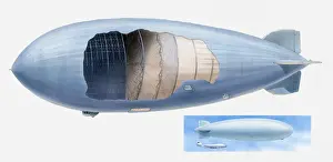 20th Century Style Prints: Cross section illustration of Zeppelin and scale of model of airship compared to commercial aircraft