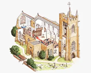 Togetherness Prints: Cross section llustration of parish church showing bell tower and congregation