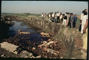 Dhaka Prints: Crowd Gazing into Muddy Basin with Strewn Bodies
