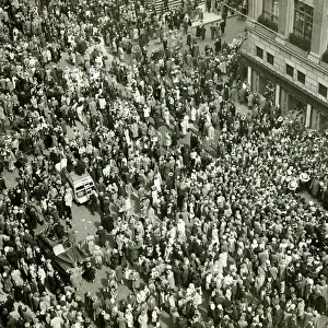 Broadcasting Prints: Crowd of people on street, news media broadcasting, (B&W), (Aerial view)