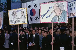 Korea Prints: Crowd on Street in Korea With Signs