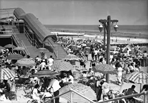 Crowded beach, (B&W), elevated view