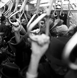 Prints of NEW YORK - 1959: A crowded subway car during rush hour in 1959 in New York City, New York. (Photo by David Attie/Getty Images) Portraits, Artworks, and Montages from a Visionary Photographer: Crowded New York City Subway Car in 1959