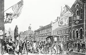 Town Scene Prints: Crowds Gathering During Election