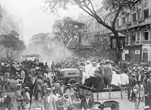 Revolt Prints: Crowds in Street Watch Burning Building