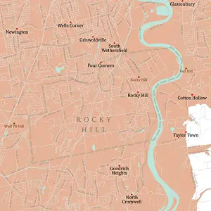 Connecticut River Prints: CT Hartford Rocky Hill Vector Road Map