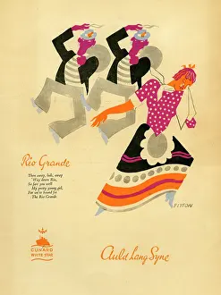 Prints of USA - 1938: A menu for Cunard reads 'Rio Grande Auld Lang Syne Cunard White Star' from 1938 in USA. (Photo by Jim Heimann Collection/Getty Images) A Visual Journey Through Jim Heimann’s Collage Illustrations—Celebrating the Art of Vintage Ephemera and Pop History: Cunard