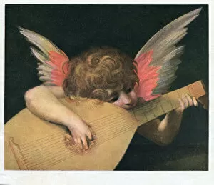Cupid angel Amor playing love songs on the guitar
