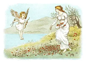 Cupid appearing to a young woman who is scattering flowers on the ground