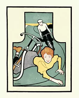 Art Nouveau Collection: Cycling man and woman, falling off bicycle, 19th Century, Jugendstil, Art nouveau