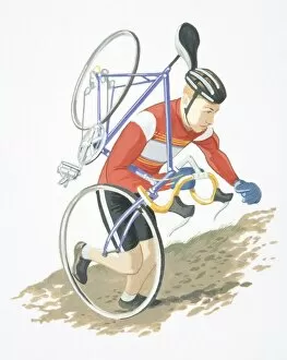 Cyclocross competitor in helmet, gloves and cycling shorts carrying his bike up a steep muddy hill, side view
