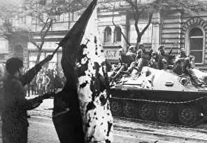 Russian Prints: Czech Youth Runs Past Tank with Bloody Flag