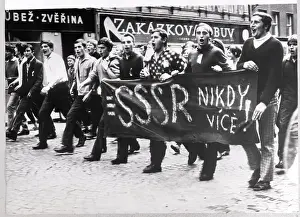 Karlovy Vary Prints: Czech Youths March W/Banner In Street
