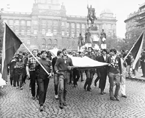 Square Prints: Czechs Marching In Street Carrying Banne
