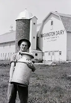 Milk Prints: Dairy Barn Farm With Man Carrying Milk