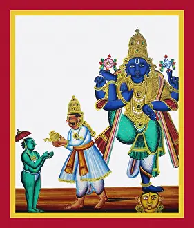 Moustache Prints: Daitya King Bali pours water over the hands of Vamana