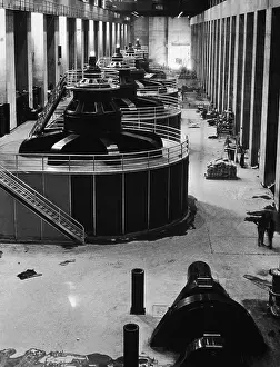 Prints of Four generators, each of 82, 500 kilovolt ampere capacity, in the Nevada wing of the Boulder Dam (now Hoover Dam) during its construction, circa 1935. (Photo by Atlas/Archive Photos/Getty Images) A Timeless Collection of Hoover Dam Photography: Dam Generators