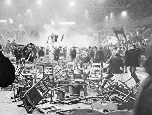 Prints of (Original Caption). Zurich: About 12, 000 fans turned out for a performance by the Rolling Stones on their first visit to Zurich, April 16. All of a sudden, chaos A Visual Legacy: Damaged Furniture and Disbursed Crowd at Rolling Stones Concert