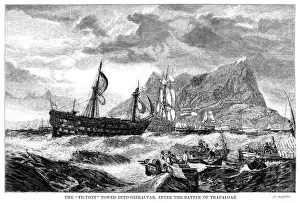 The damaged HMS Victory being towed into Gibraltar after the Battle of Trafalgar, 1805