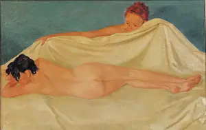 Lying On Front Prints: Dana, by Emanuele Cavalli, 1942, 20th Century, oil on plywood, cm 84 x 129, 5