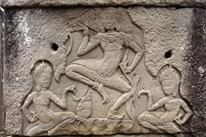 Dancing Apsaras, bas-relief at the Bayon, temple, Angkor Thom, Siem Reap, Cambodia