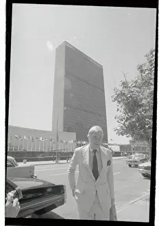 Daniel Moynihan Standing in Street Outside United Nations Building