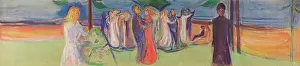Prints of Dans på stranden (Reinhardt-frisen) (Dance on the Beach (The Reinhardt Frieze)), 1906-1907. Found in the Collection of the Private Collection. Creator: Munch; Edvard (1863-1944) Where emotion becomes image, and every image speaks a thousand whispers.: Dans På Stranden (Reinhardt-Frisen) (Dance On The Beach (The Reinhardt Frieze))