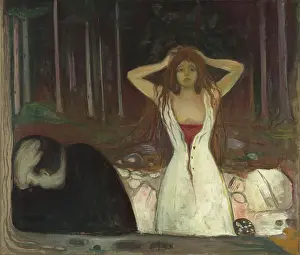 Prints of Ashes, 1895. Additional Info: Against a dark background of slender tree trunks, a woman in pale clothing stands facing us. Her wide eyes, loose hair and open bodice tell us of what has happened Where emotion becomes image, and every image speaks a thousand whispers.: Ashes