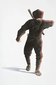Dark-clad, masked Ninja warrior moving forward, weapon behind back