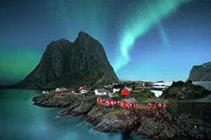 Prints of Beautiful photo used for tourism advertising, cover, design, printing, marketing, ideas, magazine and more, photo was taken Lofoten, Norway Northern Lights: A Dance Of Colours Prints: dawn in small viilage, Lofoten and magic northern lights in sky