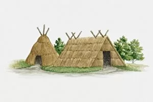 day, horizontal, hut, illustrative technique, jomon, no people, outdoors, studio shot