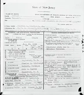 Flemington Prints: Death Certificate of Lindbergh Baby