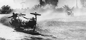 Prints of 16th March 1914: J B Marquis in a 1913 GP Sunbeam racing car overturns on Death Curve during the 35th lap of the International Grand Prix at Santa Monica. (Photo by Topical Press Agency/Getty Images) Legends of the Track: Death Curve