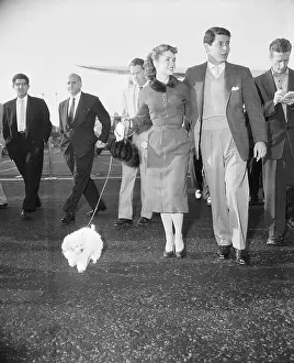 Debbie Reynolds and Eddie Fisher Walking with Dog