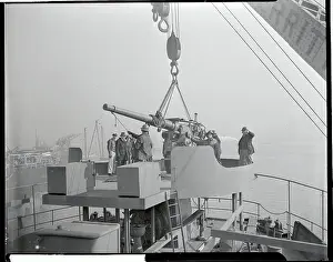 Hoboken Prints: Deck Gun Being Placed on Ship