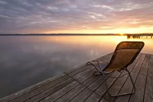 Images Dated 14th October 2012: Deckchair on a jetty, early morning at Lake Starnberg near Seeshaupt, Bavaria, Germany, Europe