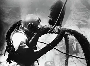 Diving Prints: Deep Sea Diver Tangles W/Octopus