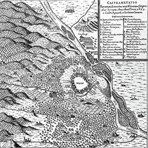 Prints of The Great Turkish War between the Holy League of European Powers and the Ottoman Empire, also known as the Great Turkish War of Leopold I or the 5th Austrian Turkish War, lasted from 1683 to 1699 Historcal Battle Maps And Plan Prints: Defeat of the Ottoman Empire in Vienna in 1683: Turks camp at the beginning of the siege