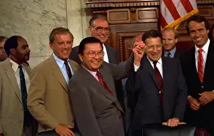 Defense Secretary Caspar Weinberger and House Officials After Contra Hearings